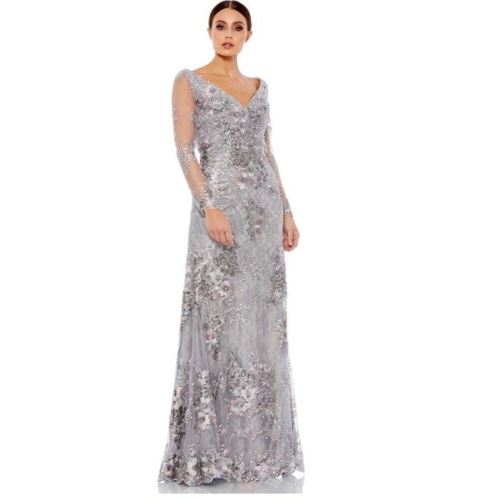 Mac Duggal Evening Gown Dress Size 8 Floral Embroidered Lace 67539 Platinum Gray - Picture 4 of 8